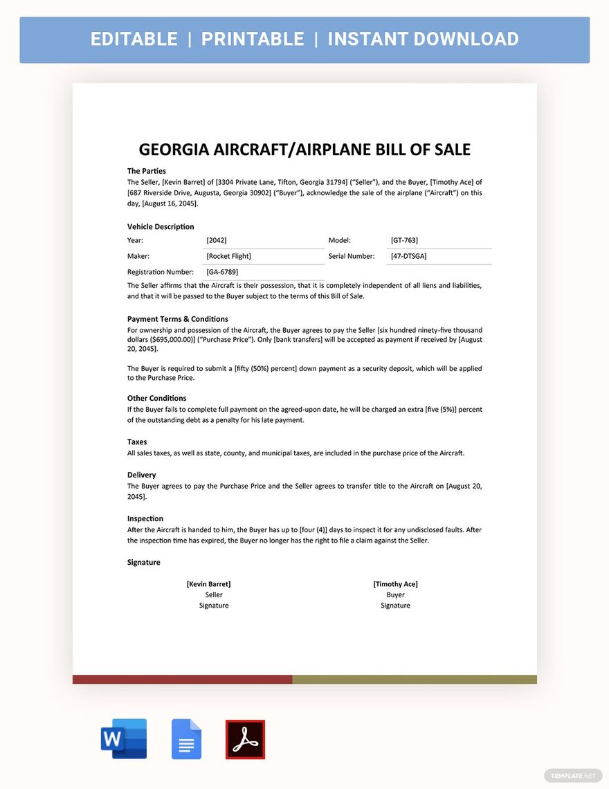 Georgia Aircraft / Airplane Bill of Sale Form Template