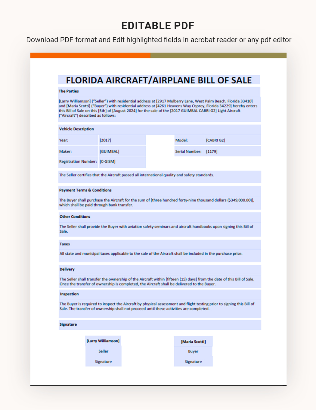 Florida Aircraft / Airplane Bill Of Sale Template