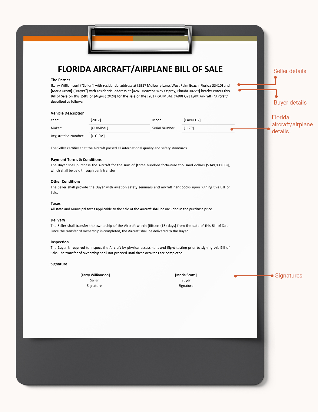 Florida Aircraft / Airplane Bill Of Sale Template