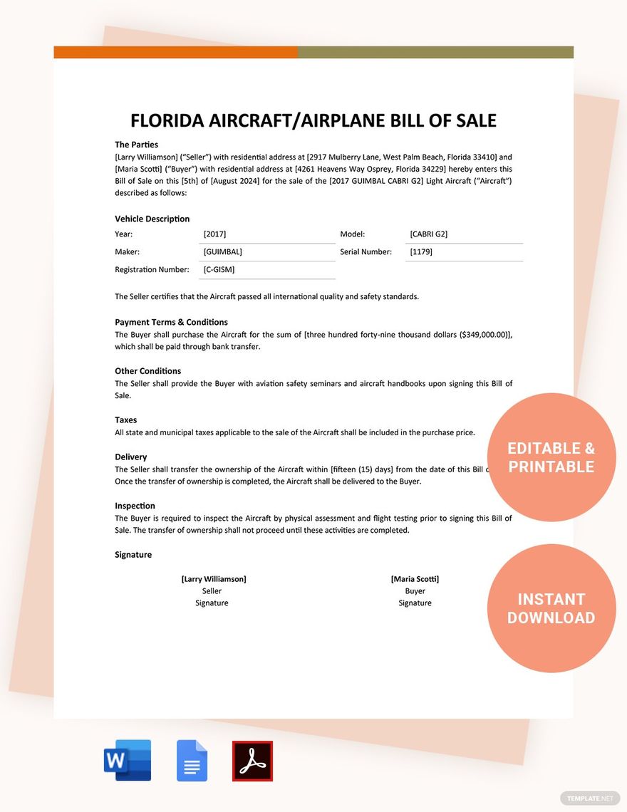 Florida Aircraft Airplane Bill Of Sale Template Download In Word 