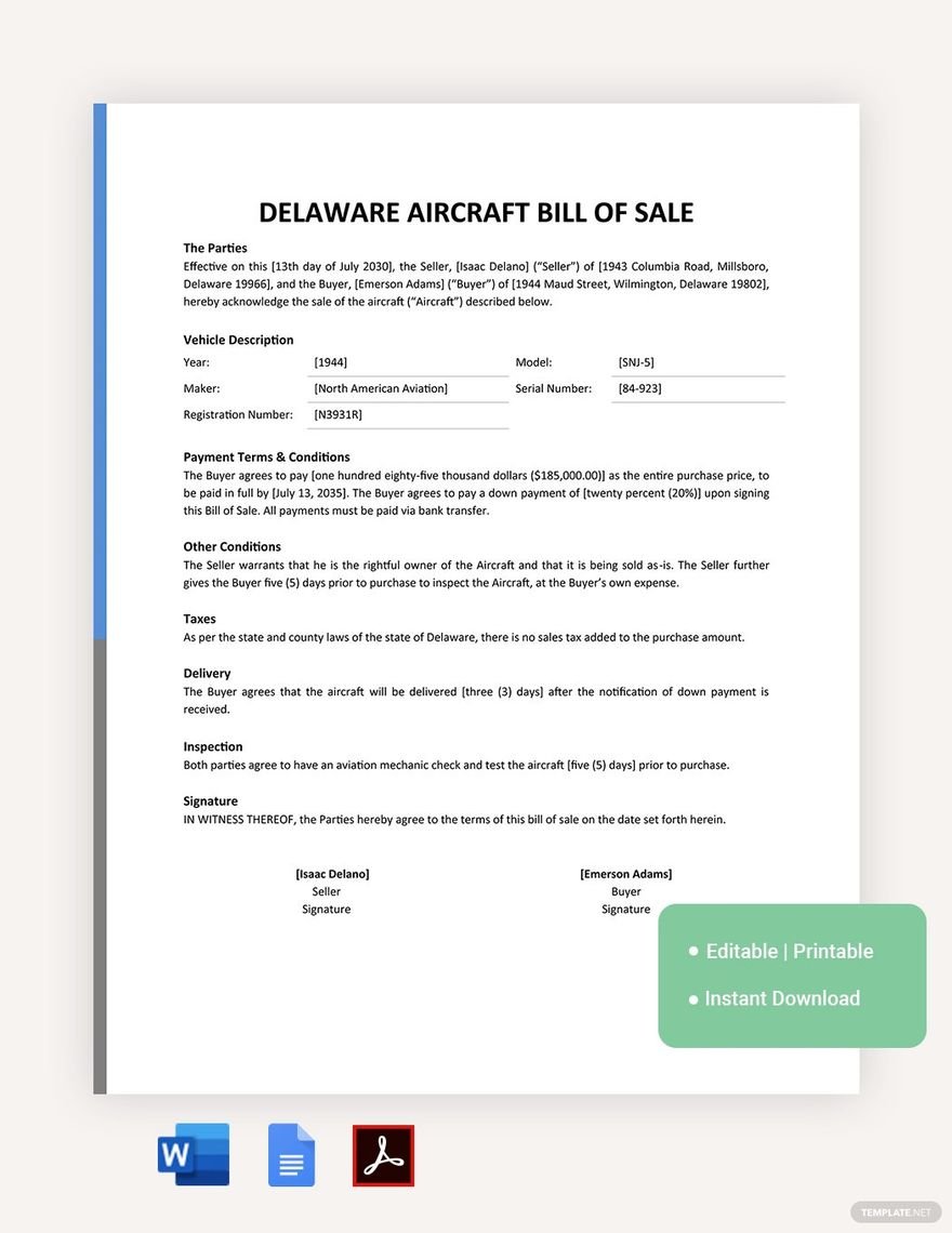 Delaware Aircraft / Airplane Bill Of Sale Template