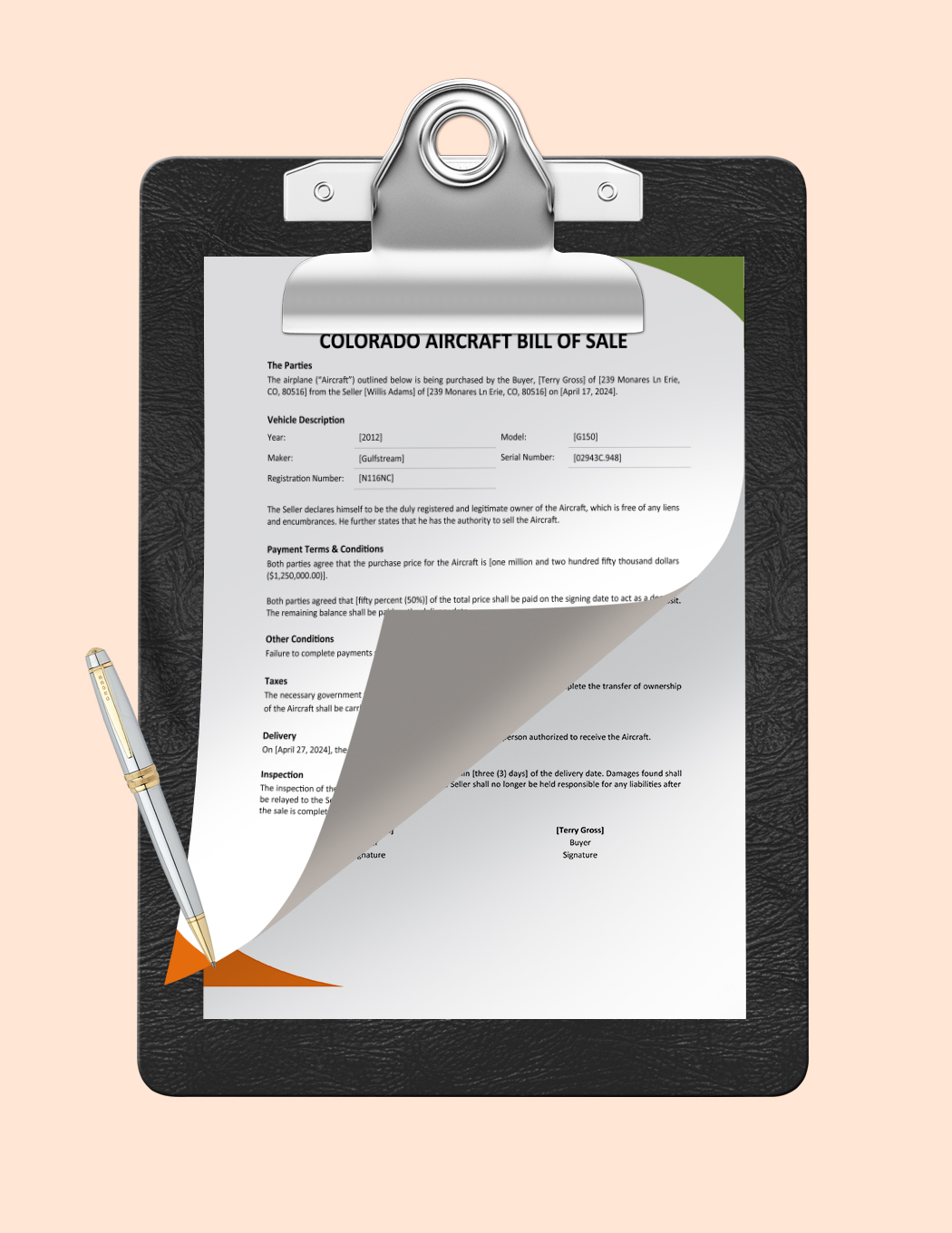 Colorado Aircraft / Airplane Bill Of Sale Template