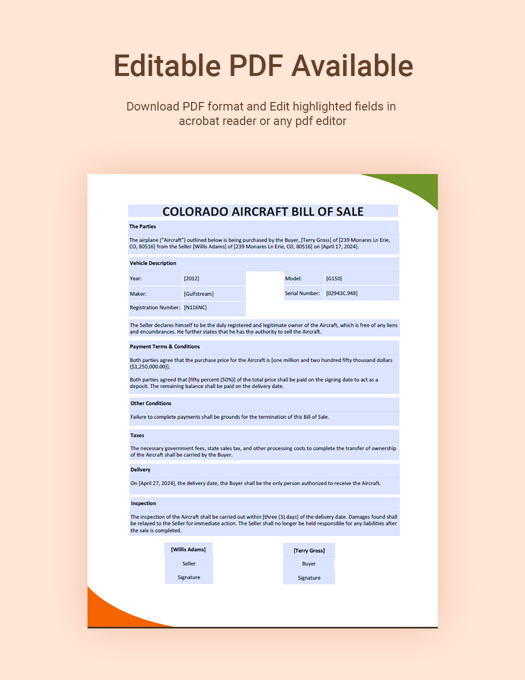 Colorado Aircraft / Airplane Bill Of Sale Template