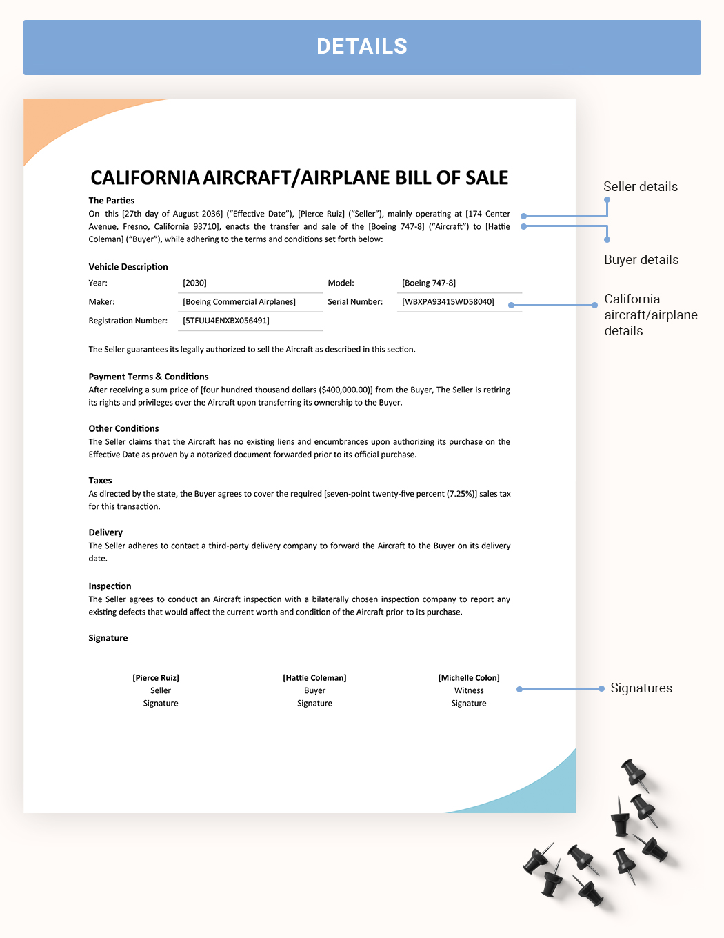California Aircraft / Airplane Bill Of Sale Form Template