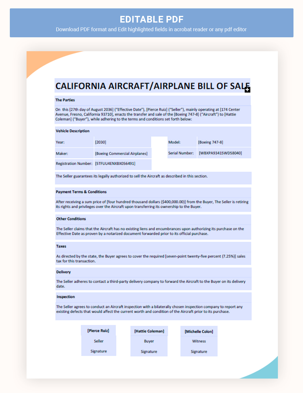 California Aircraft / Airplane Bill Of Sale Form Template