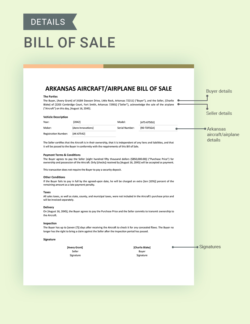 Arkansas Aircraft / Airplane Bill Of Sale Template