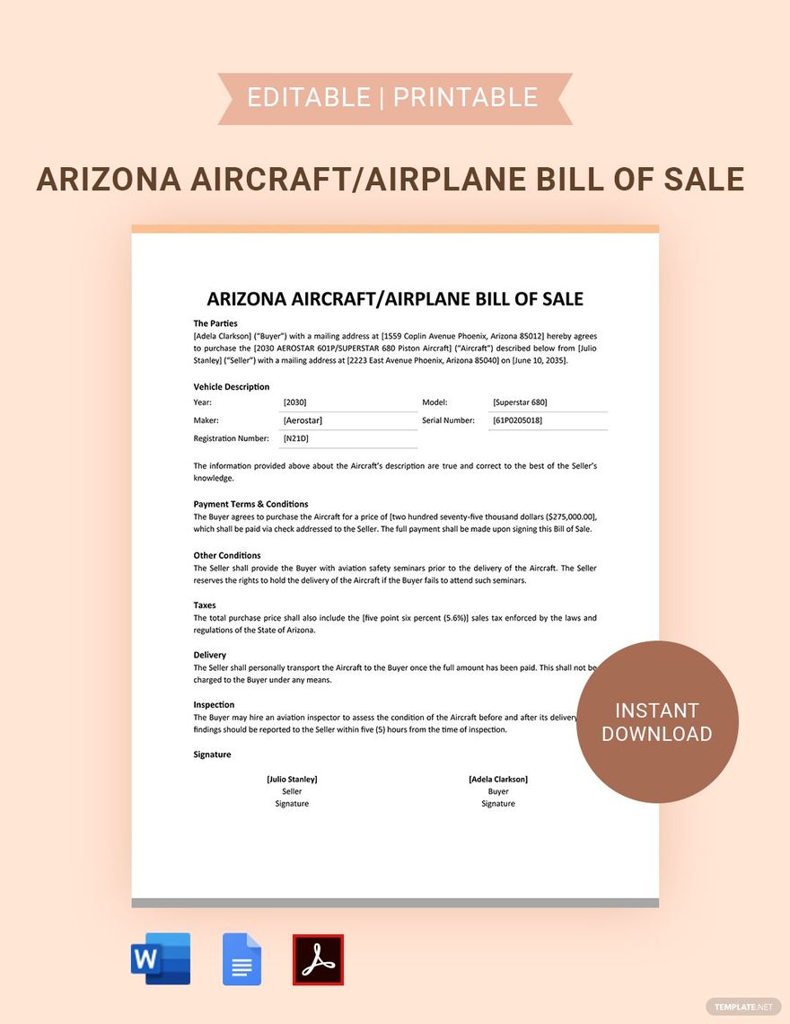 Arizona Aircraft / Airplane Bill Of Sale Template