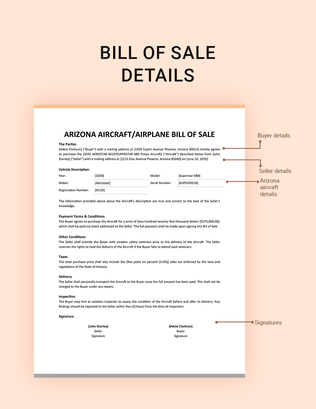 Arizona Aircraft / Airplane Bill Of Sale Template