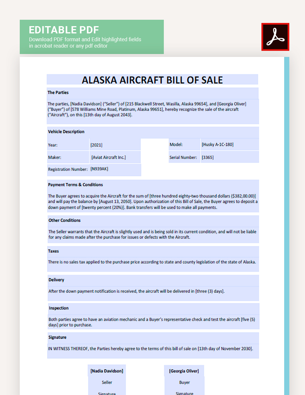 Alaska Aircraft / Airplane Bill Of Sale Template