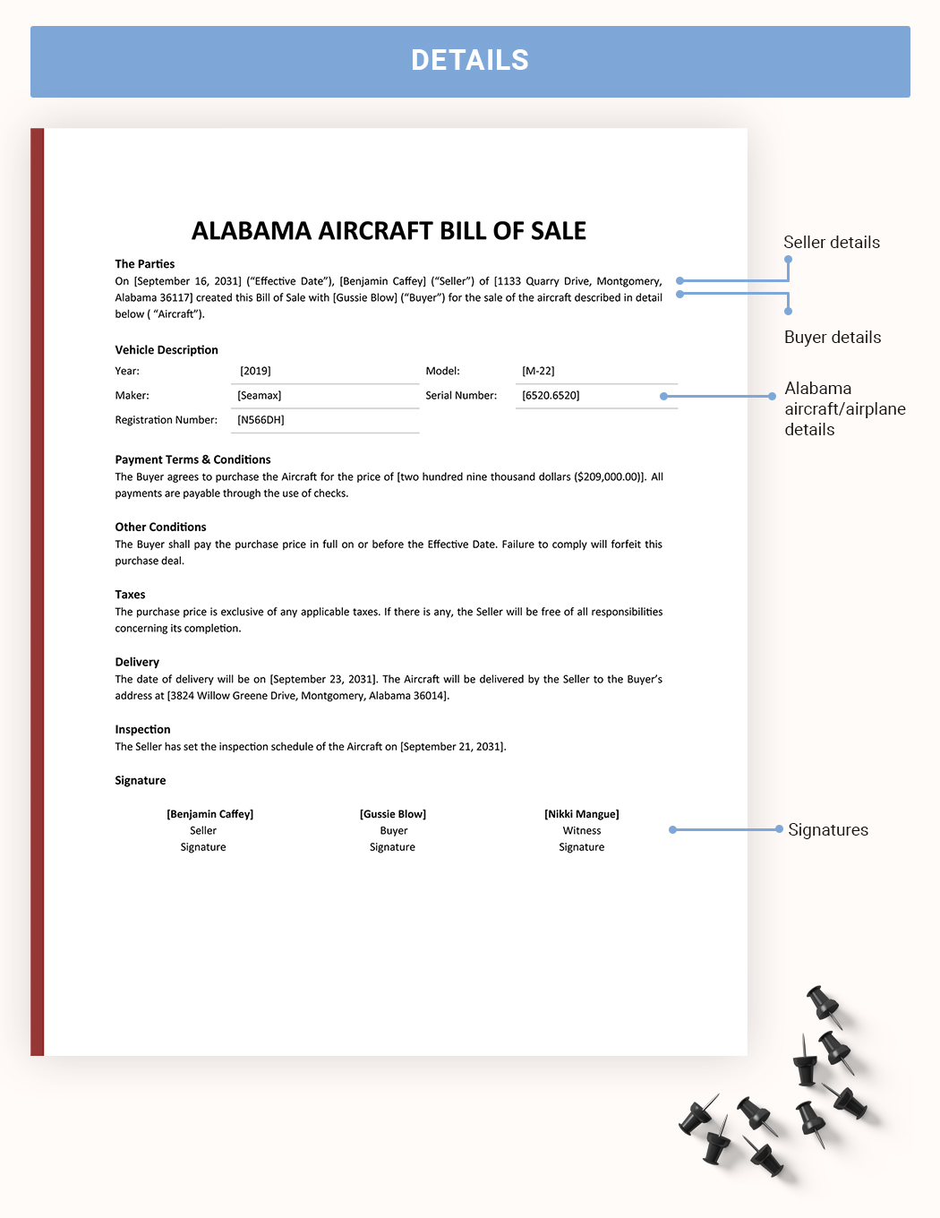 Alabama Aircraft / Airplane Bill Of Sale Template