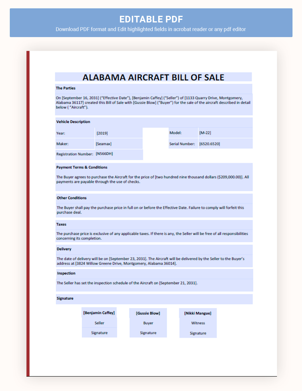 Alabama Aircraft / Airplane Bill Of Sale Template
