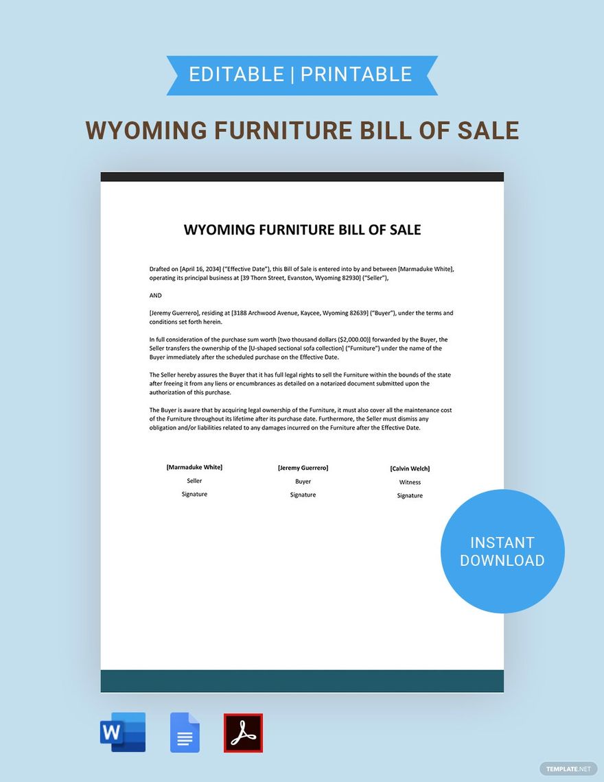 Wyoming Furniture Bill of Sale Template