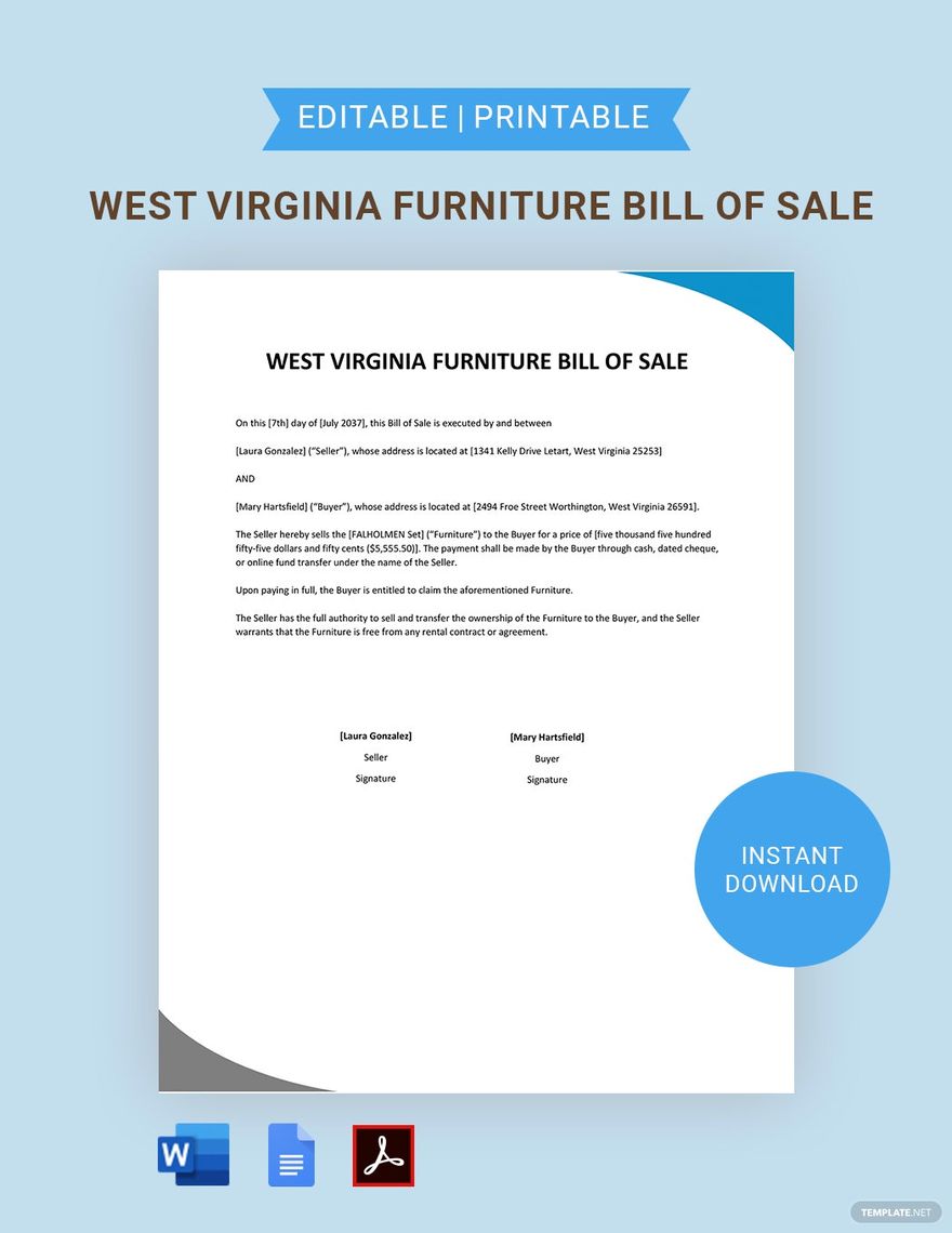 West Virginia Furniture Bill of Sale Template