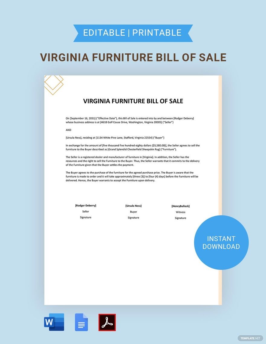 Virginia Furniture Bill Of Sale Template in Word, Google Docs, PDF