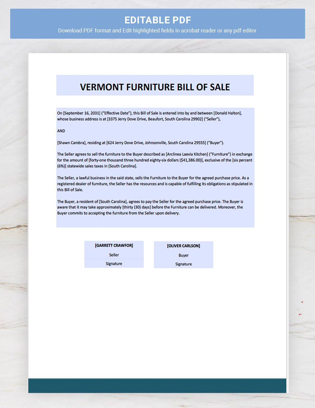 Vermont Furniture Bill of Sale Template