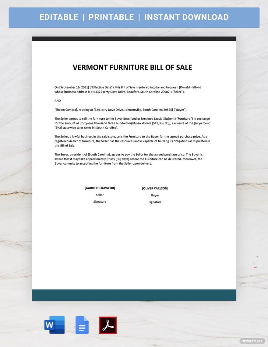 Vermont Furniture Bill of Sale Template