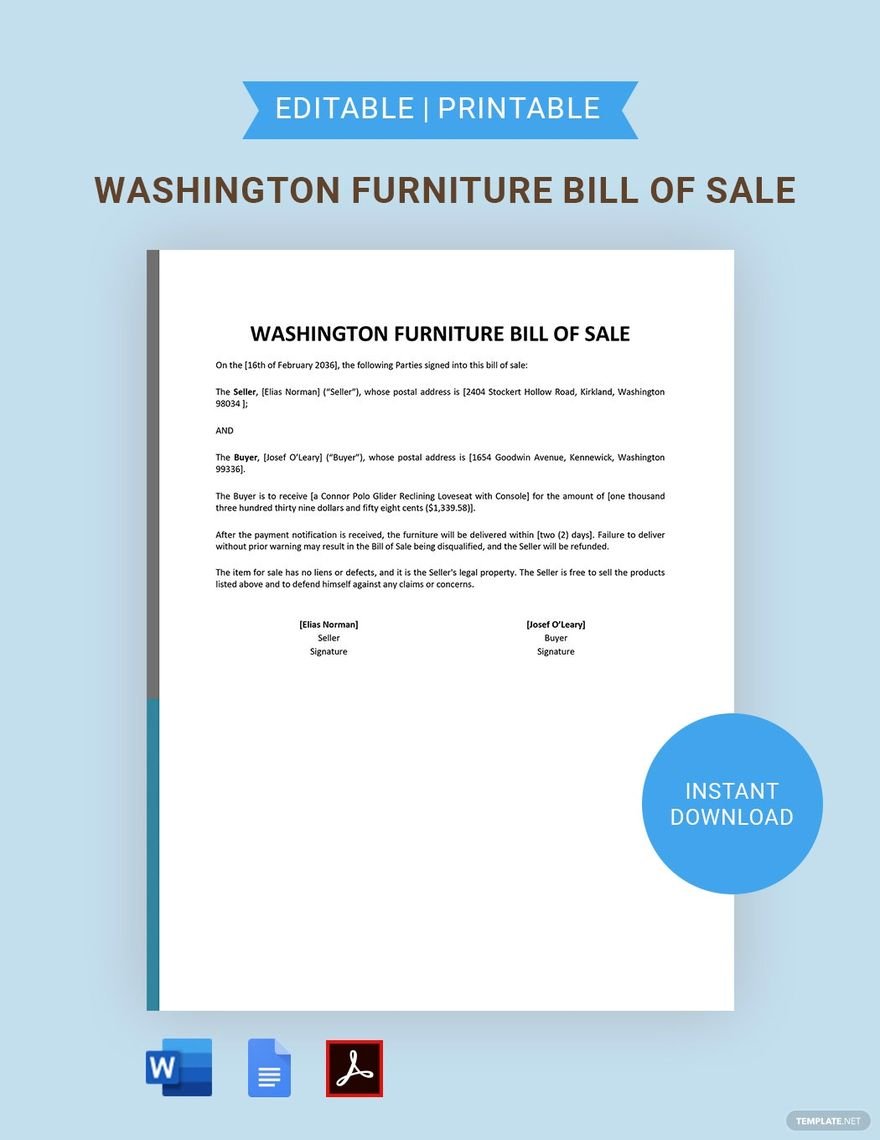 Washington Furniture Bill of Sale Template
