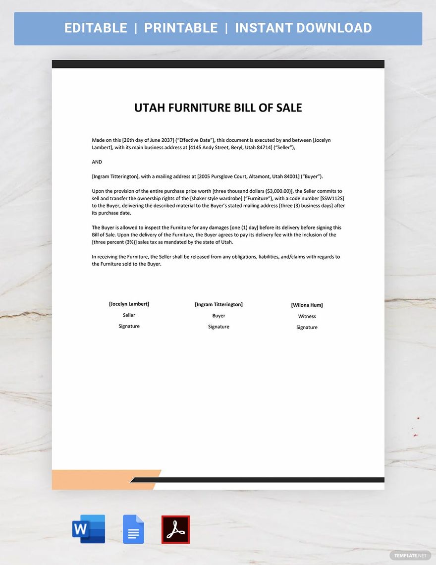 Utah Furniture Bill of Sale Form Template