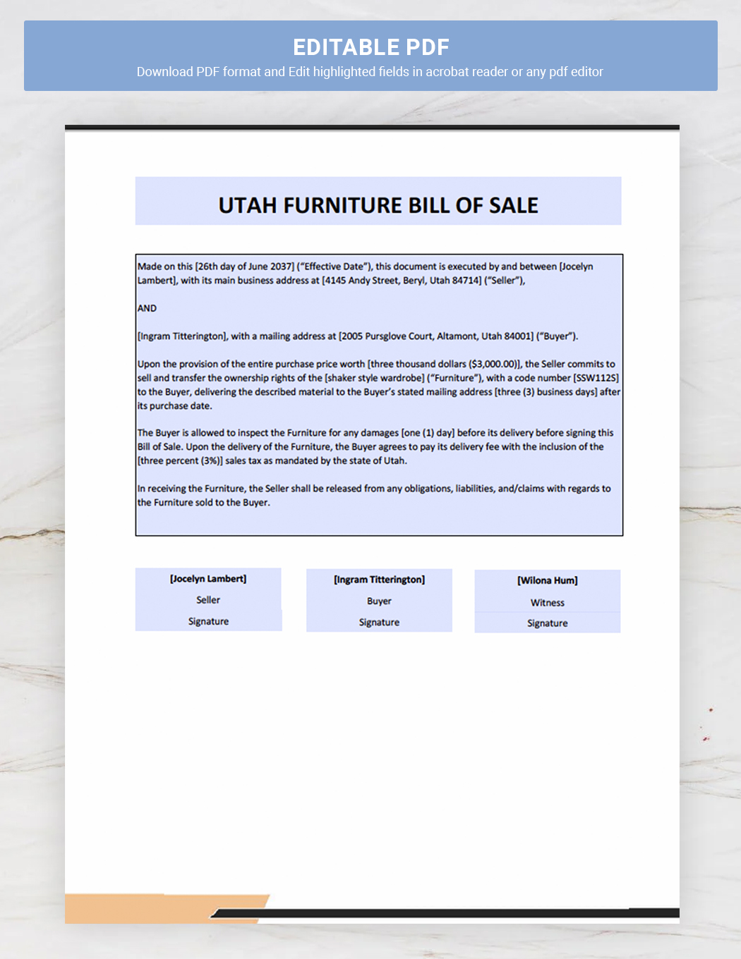 Utah Furniture Bill of Sale Form Template