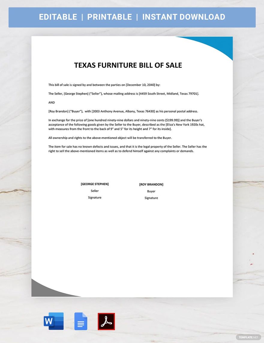Texas Furniture Bill of Sale Template