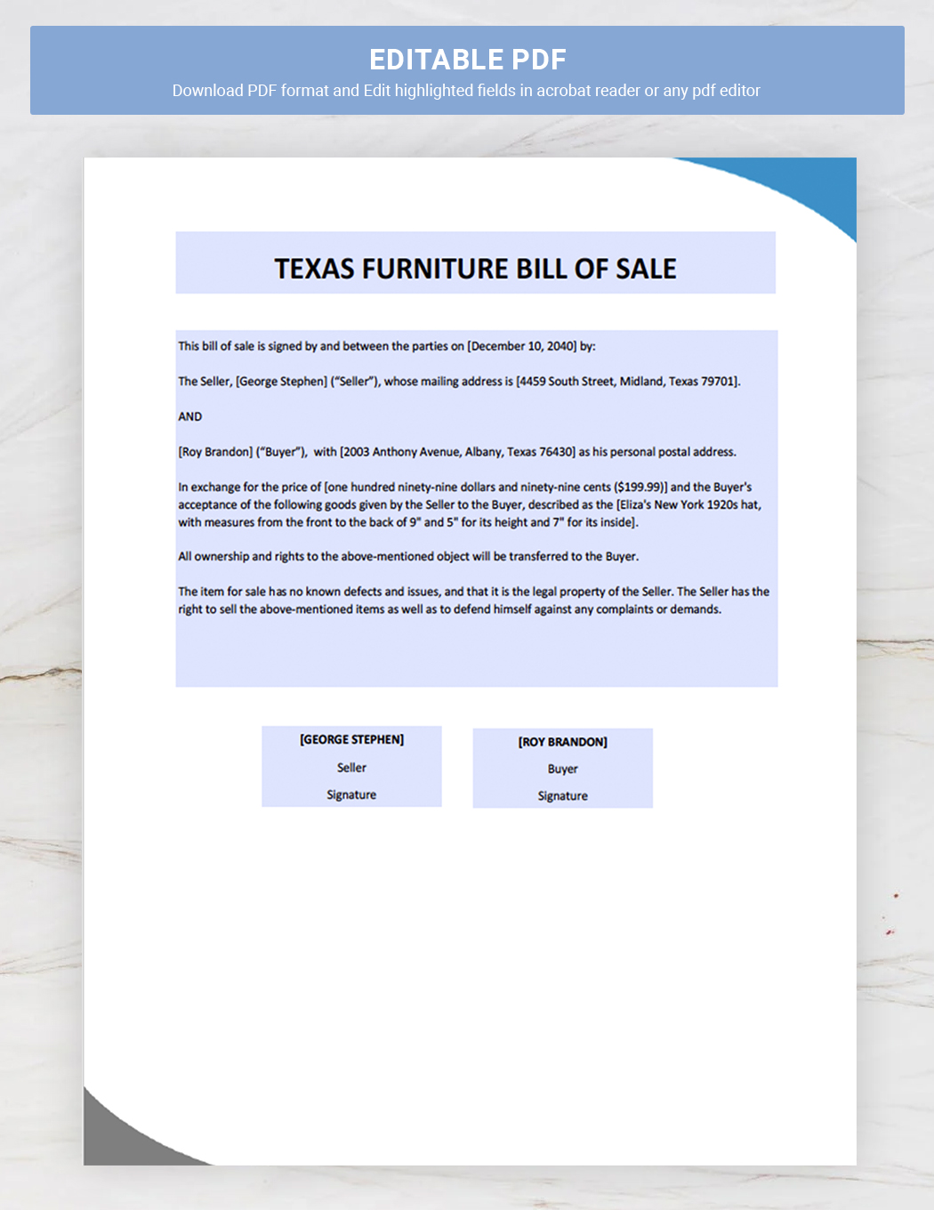 Texas Furniture Bill of Sale Template