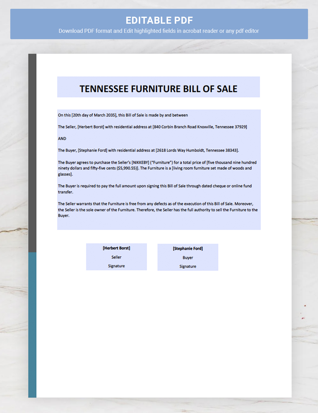 Tennessee Furniture Bill of Sale Template