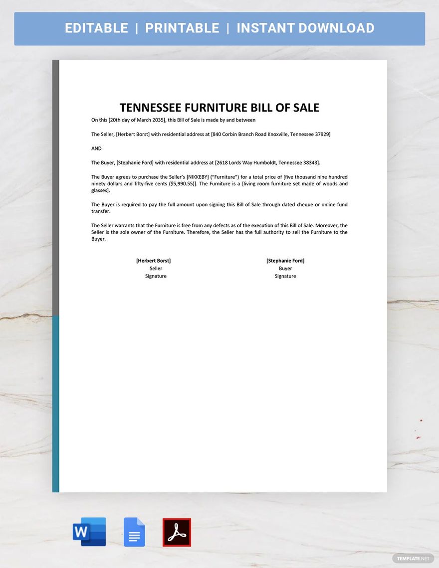 Tennessee Furniture Bill of Sale Template