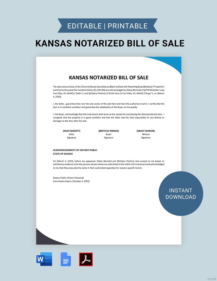 Kansas Notarized Bill of Sale Template