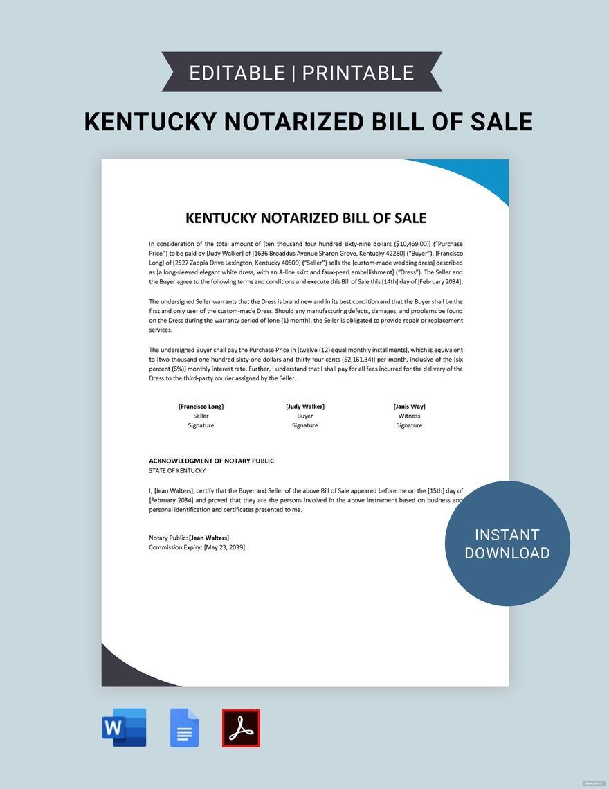 Kentucky Notarized Bill of Sale Form Template in Word, Google Docs, PDF