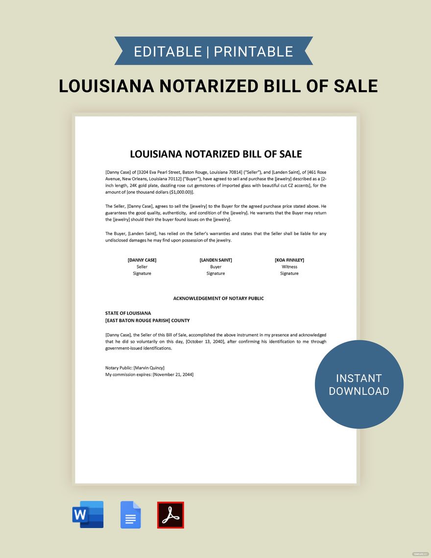 Louisiana Notarized Bill of Sale Template