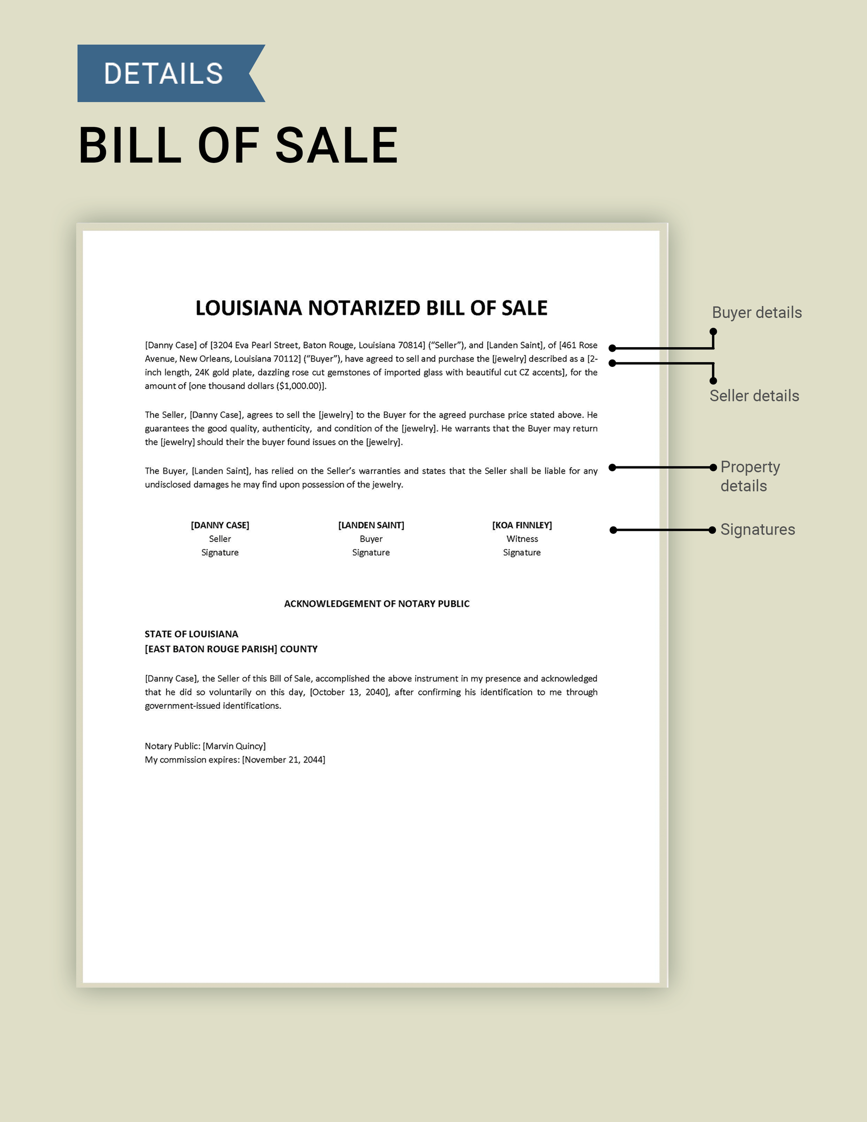 Louisiana Notarized Bill of Sale Template