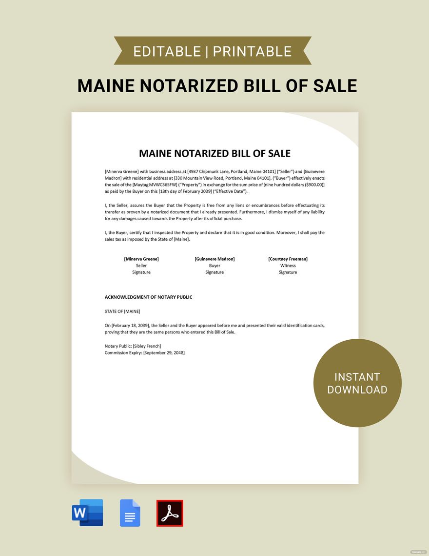 Maine Notarized Bill of Sale Template