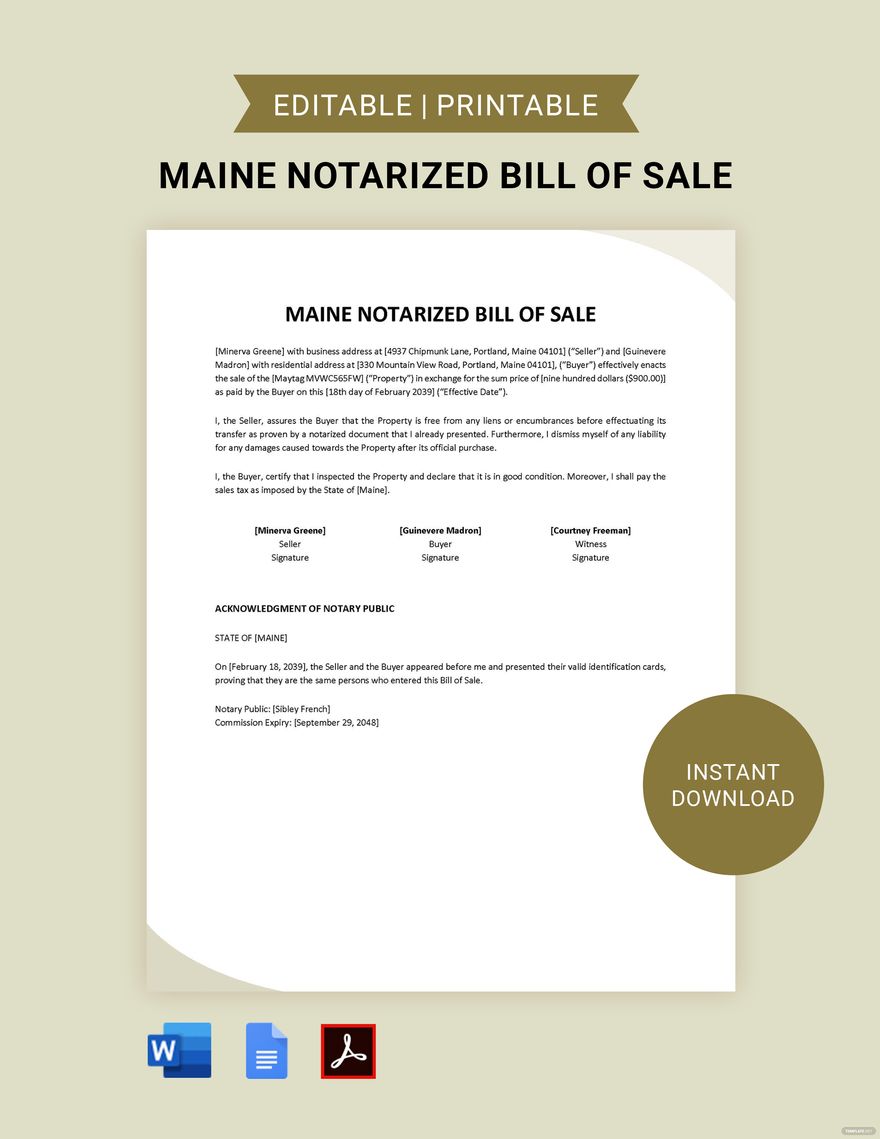 Maine Notarized Bill Of Sale Template Download In Word Google Docs 