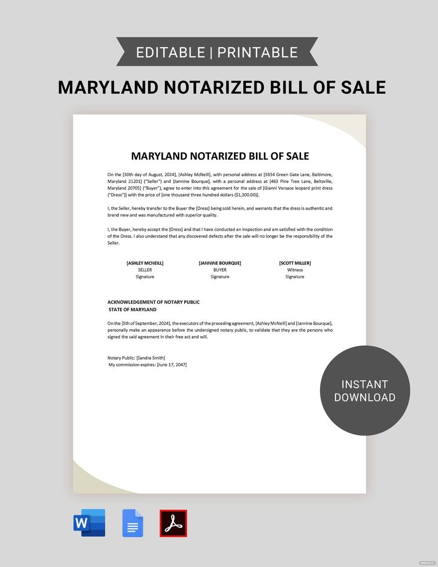 Maryland Notarized Bill of Sale Template