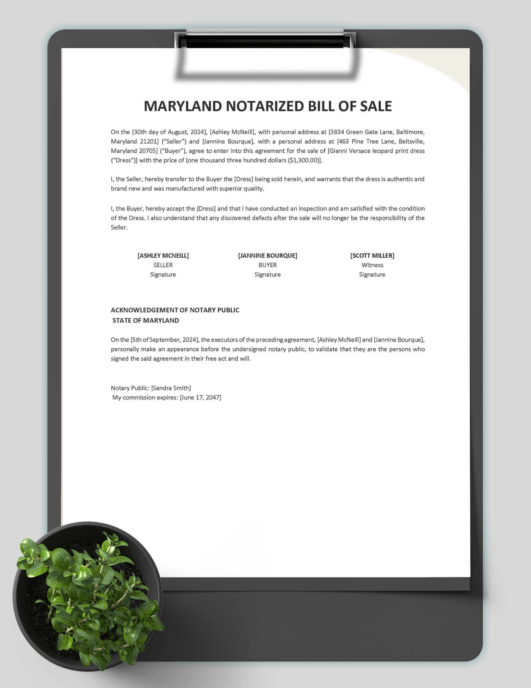 Maryland Notarized Bill of Sale Template