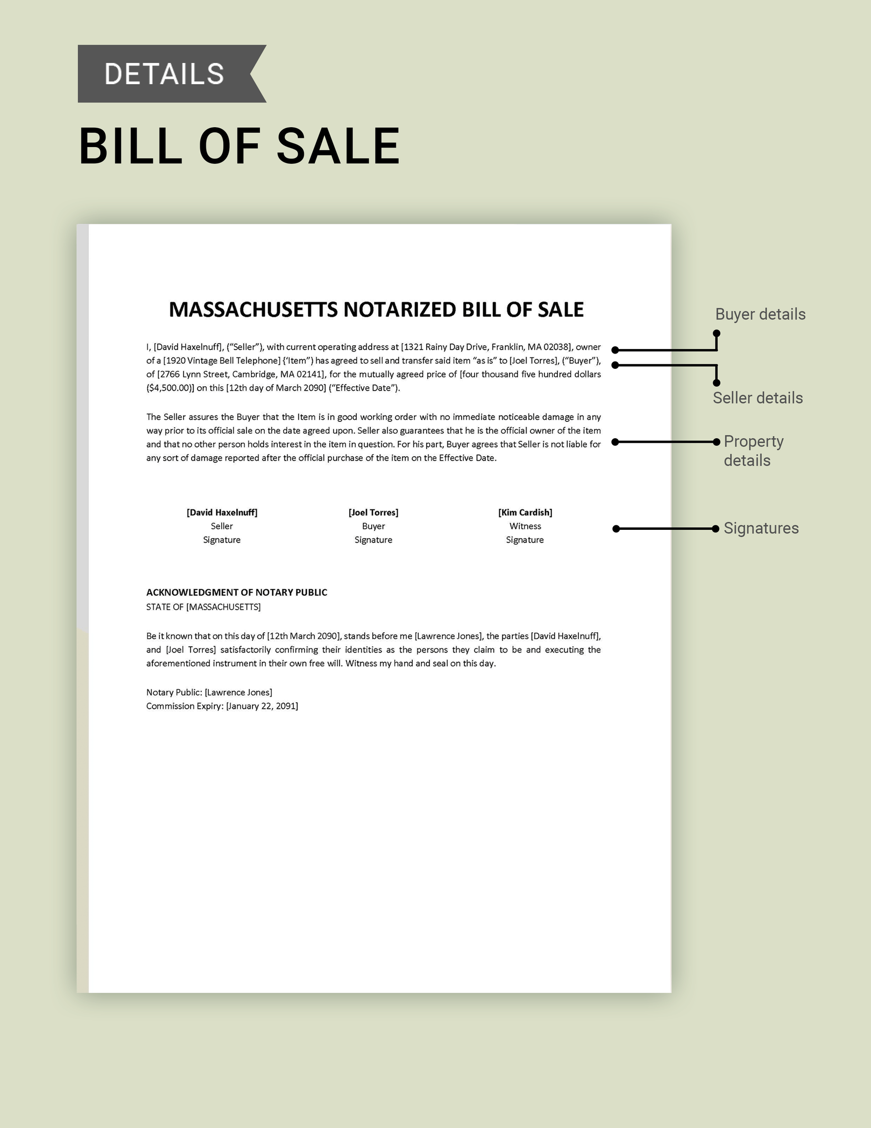 Massachusetts Notarized Bill of Sale Template