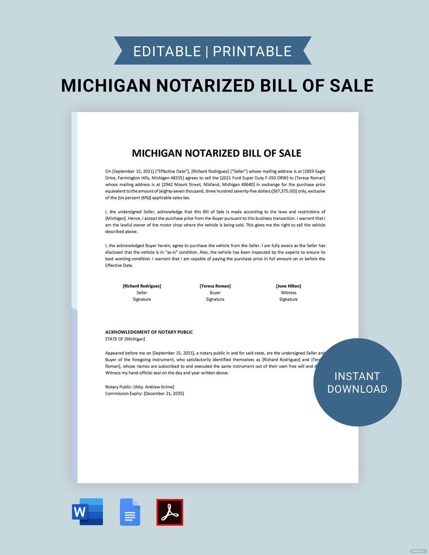 Michigan Notarized Bill of Sale Template