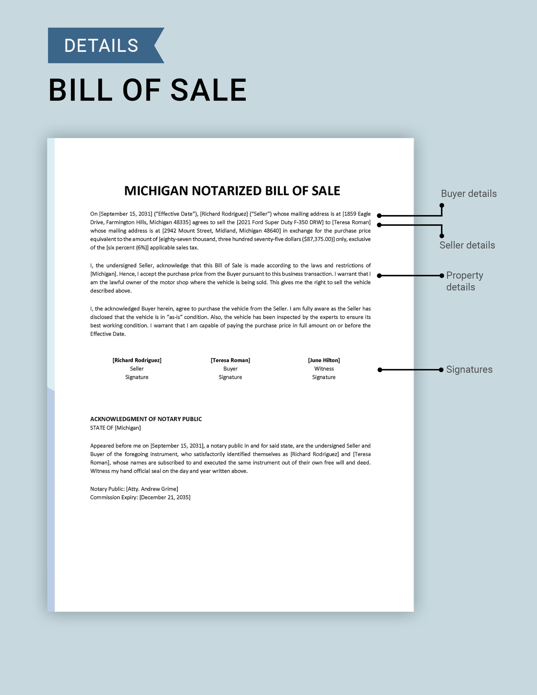 Michigan Notarized Bill of Sale Template