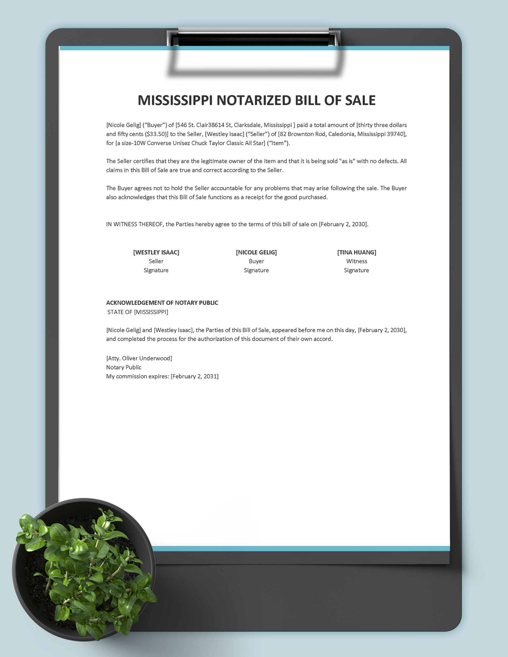 Mississippi Notarized Bill of Sale Template