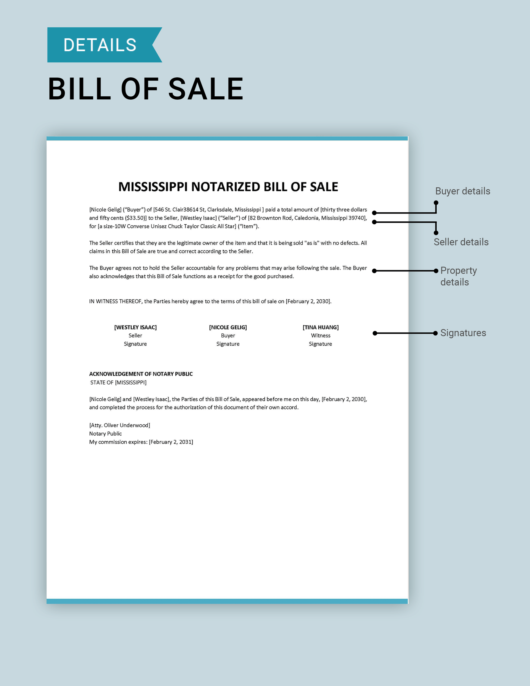 Mississippi Notarized Bill of Sale Template