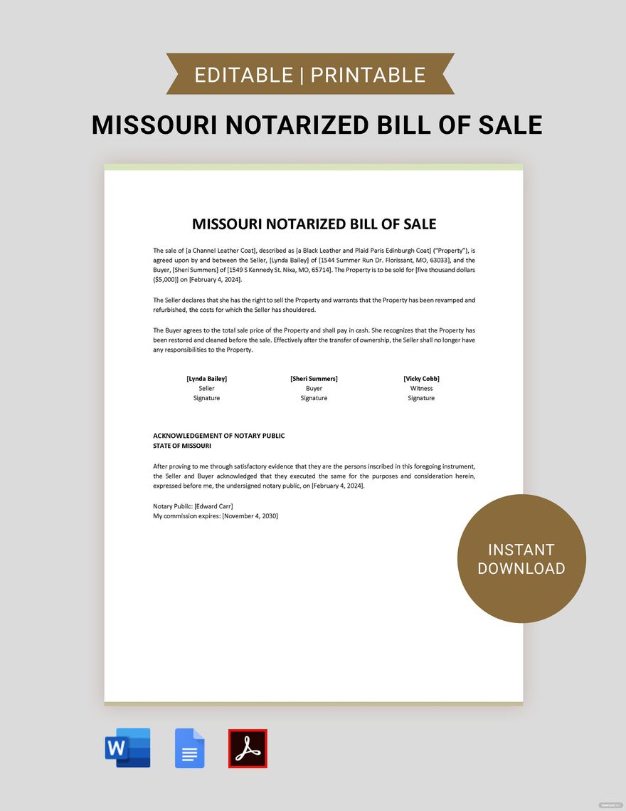 Missouri Notarized Bill of Sale Template