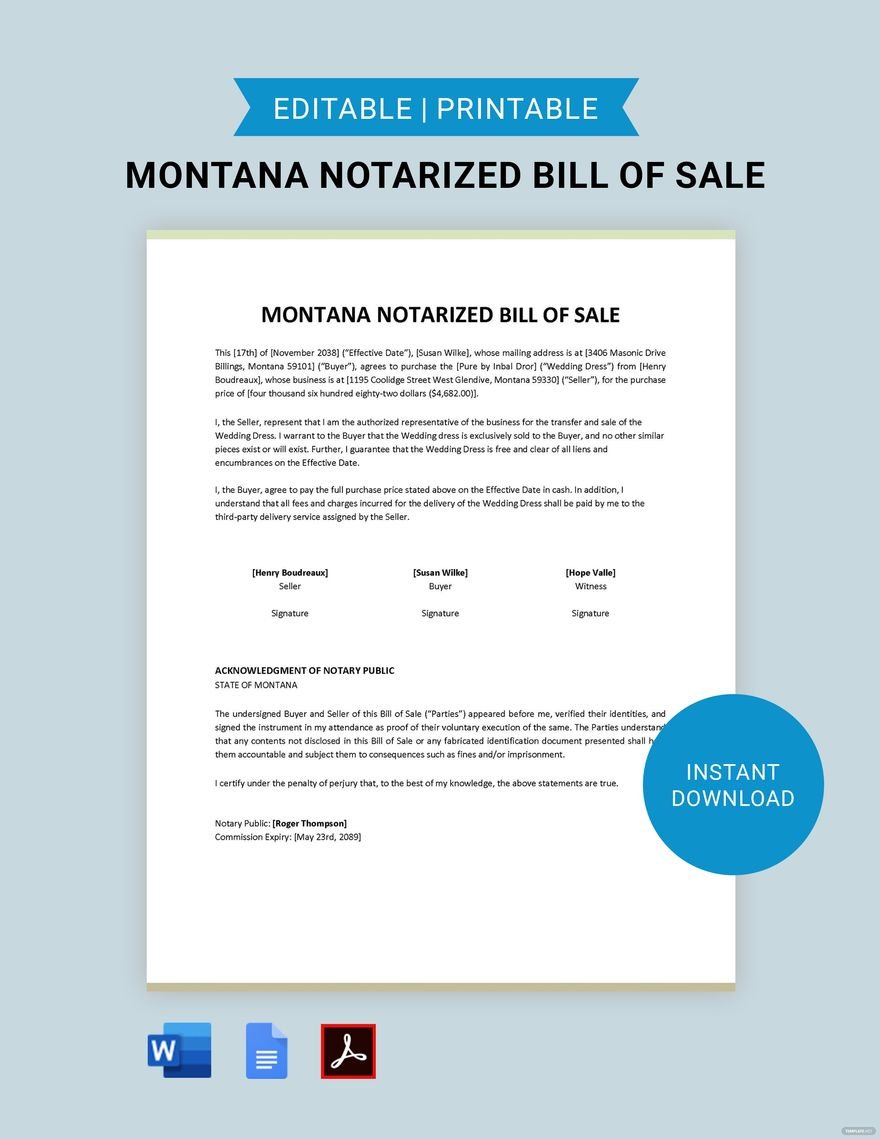 Montana Notarized Bill of Sale Template
