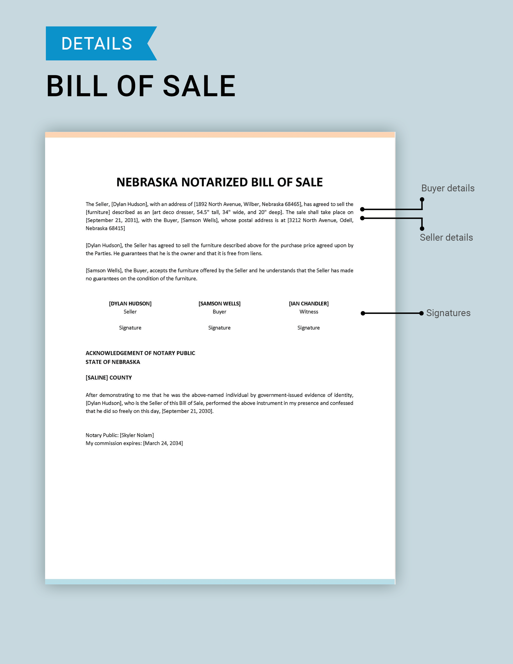 Nebraska Notarized Bill of Sale Template