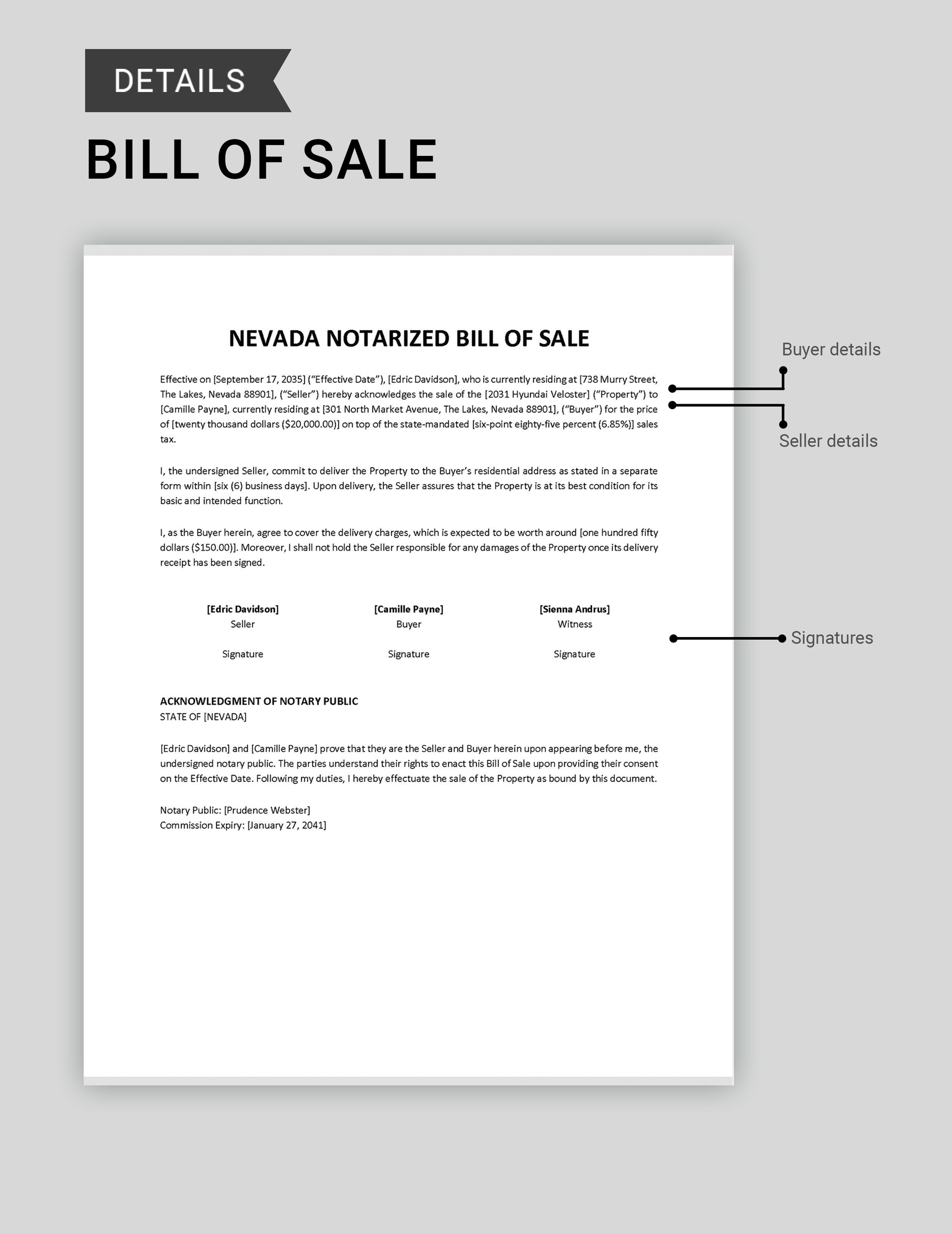Nevada Notarized Bill of Sale Template