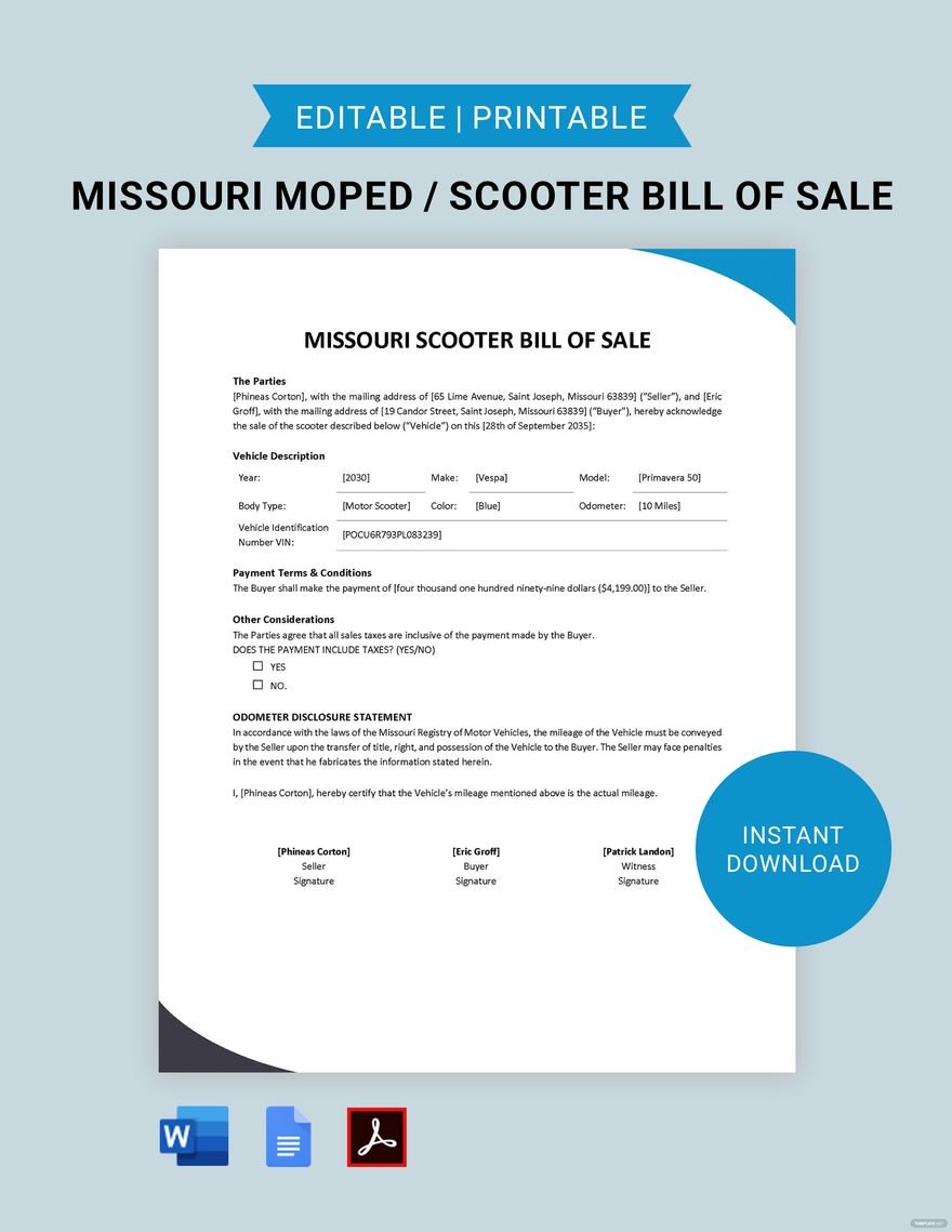Missouri Moped / Scooter Bill of Sale Template