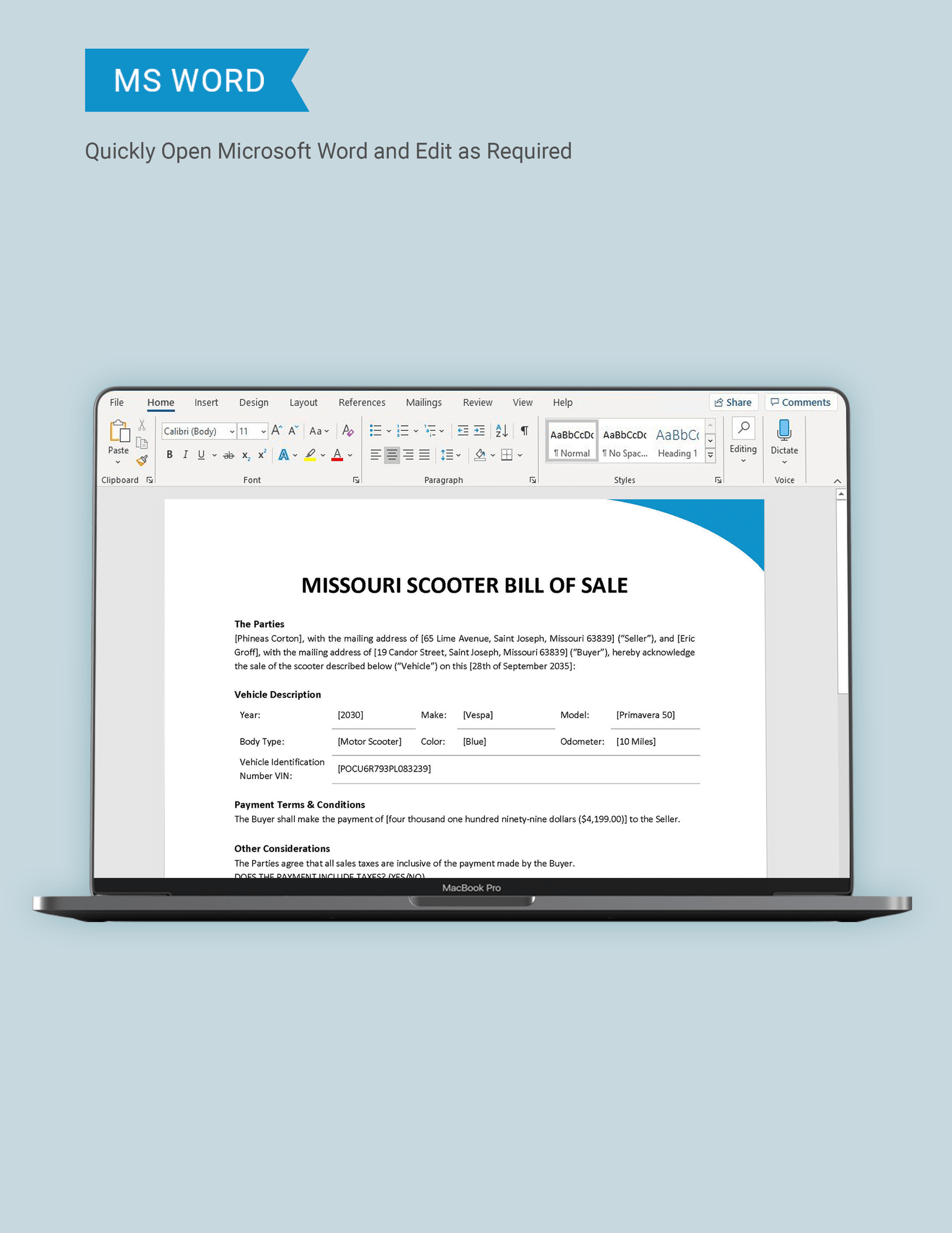 Missouri Moped / Scooter Bill of Sale Template