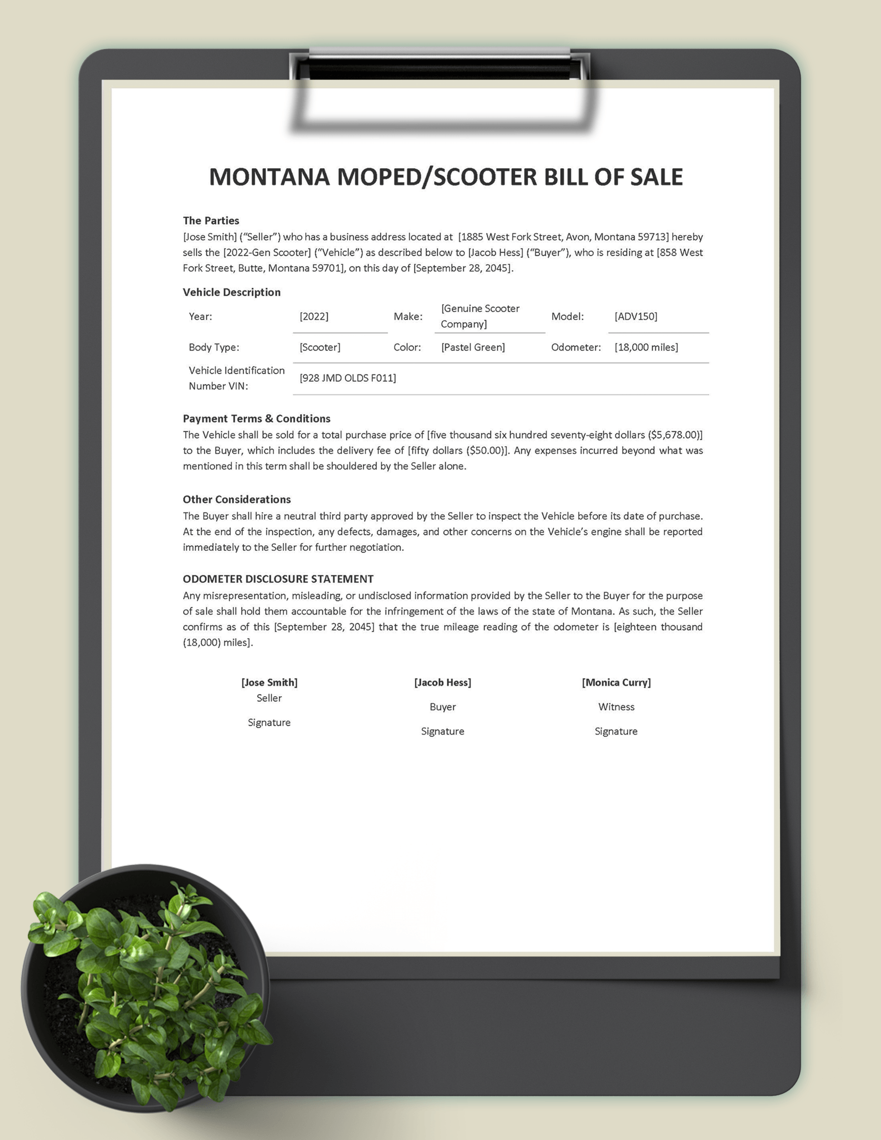 Montana Moped / Scooter Bill of Sale Template
