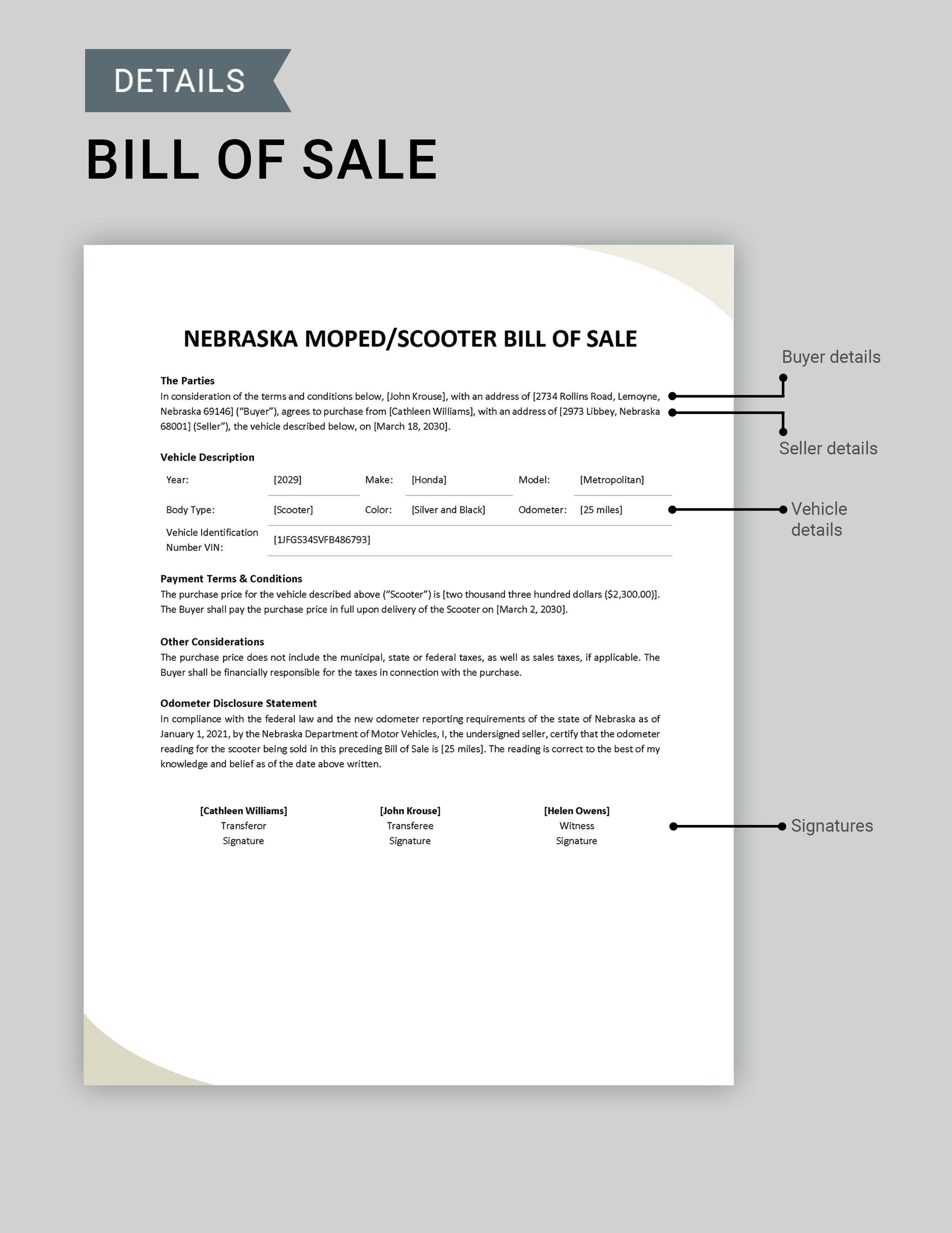 Nebraska Moped / Scooter Bill of Sale Template