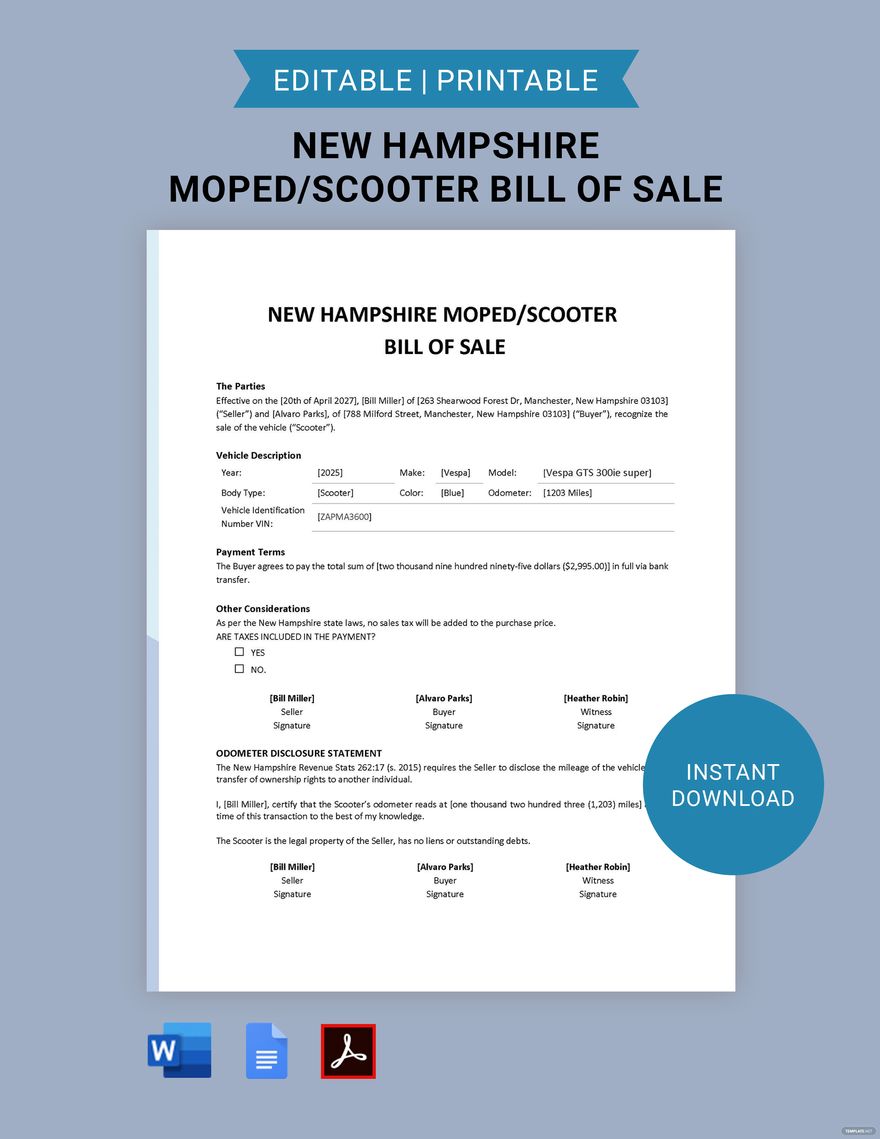 Free New Hampshire Moped Scooter Bill Of Sale Form Template Google Docs Word PDF 