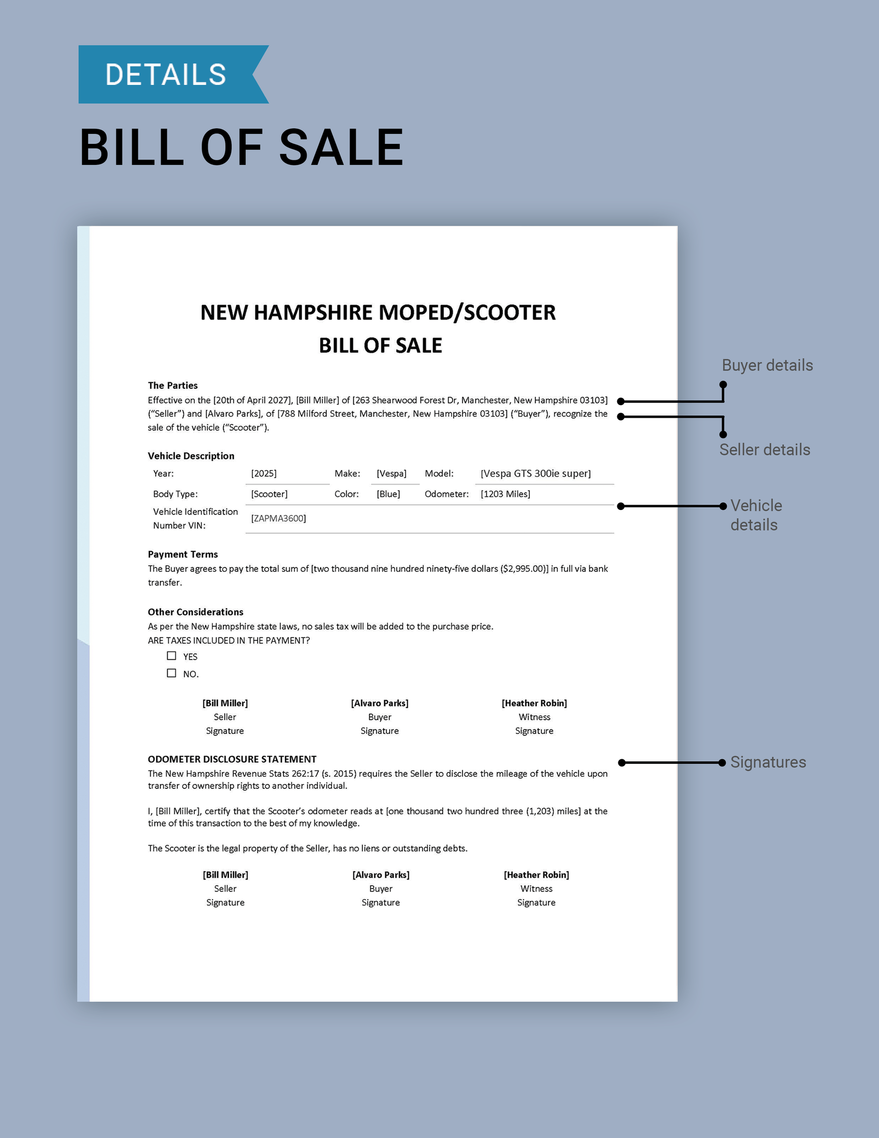 New Hampshire Moped / Scooter Bill of Sale Form Template